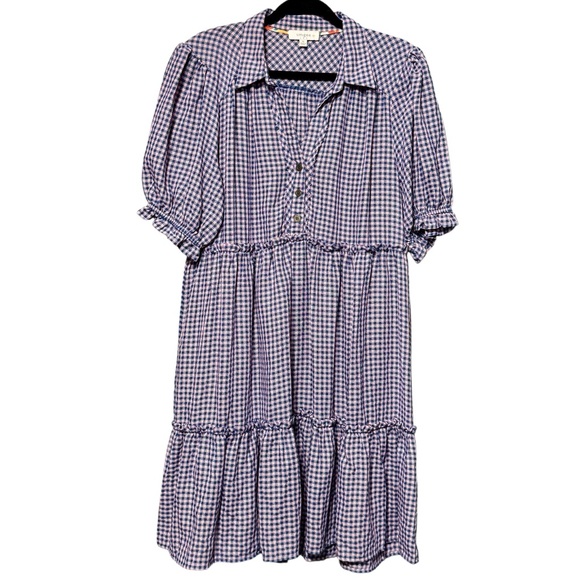 Umgee Gingham Pink and Blue Plaid Ruffled Babydoll Puff Sleeve Cotton Dress XL - Picture 2 of 10